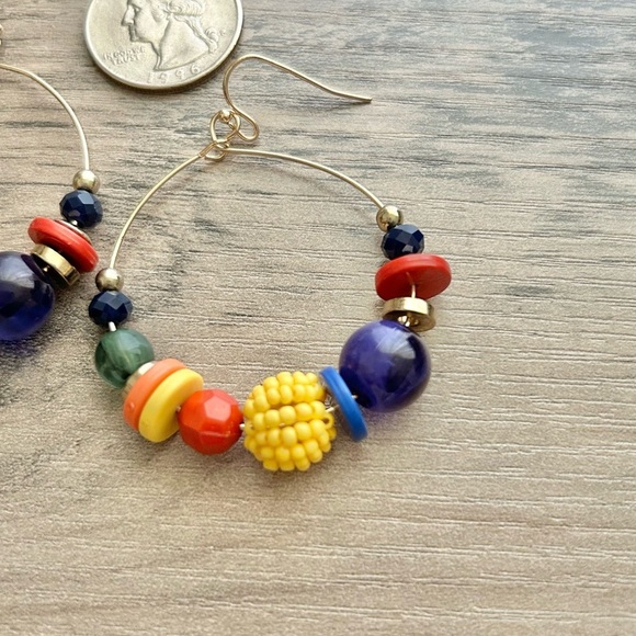 Colorful Gold Multi Color Beaded Hoop Earrings-New - Picture 4 of 7